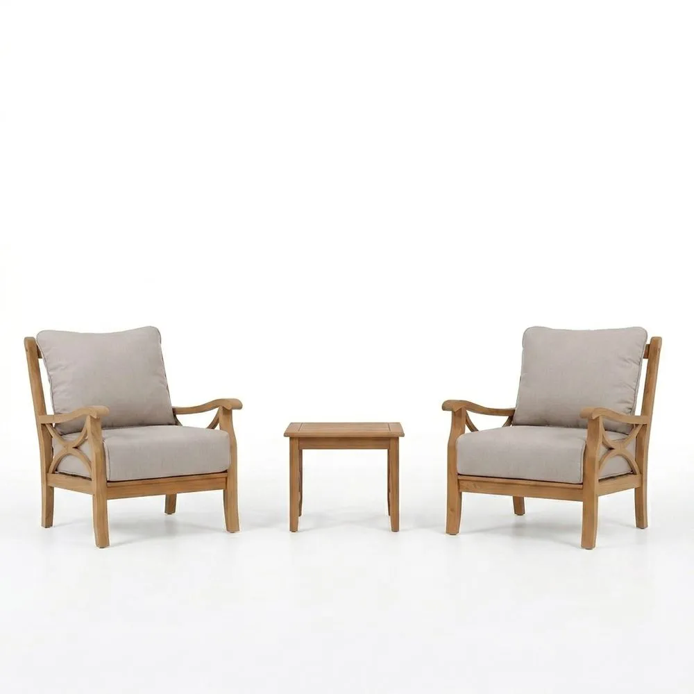 Set da giardino composto da due poltrone in teak e un tavolino con cuscini in poliestere grigio