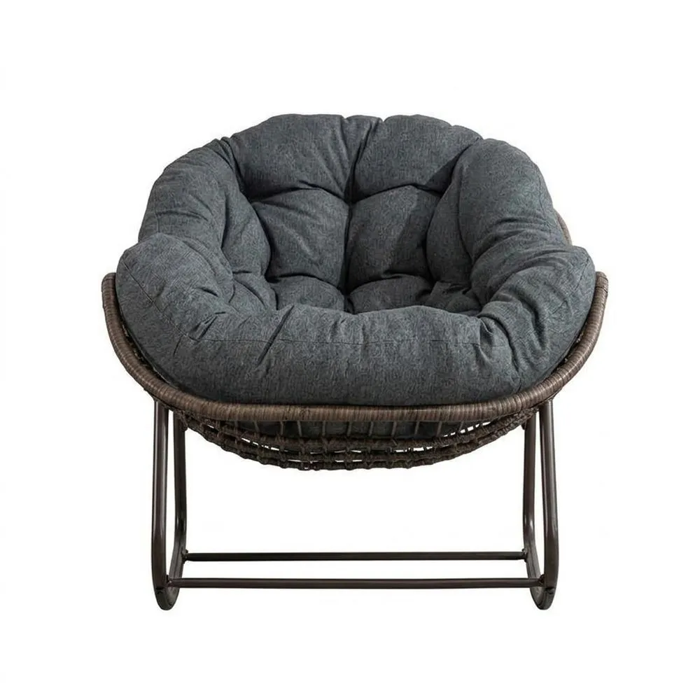 Poltrona Papasan in Rattan con Cuscino in Poliestere Grigio