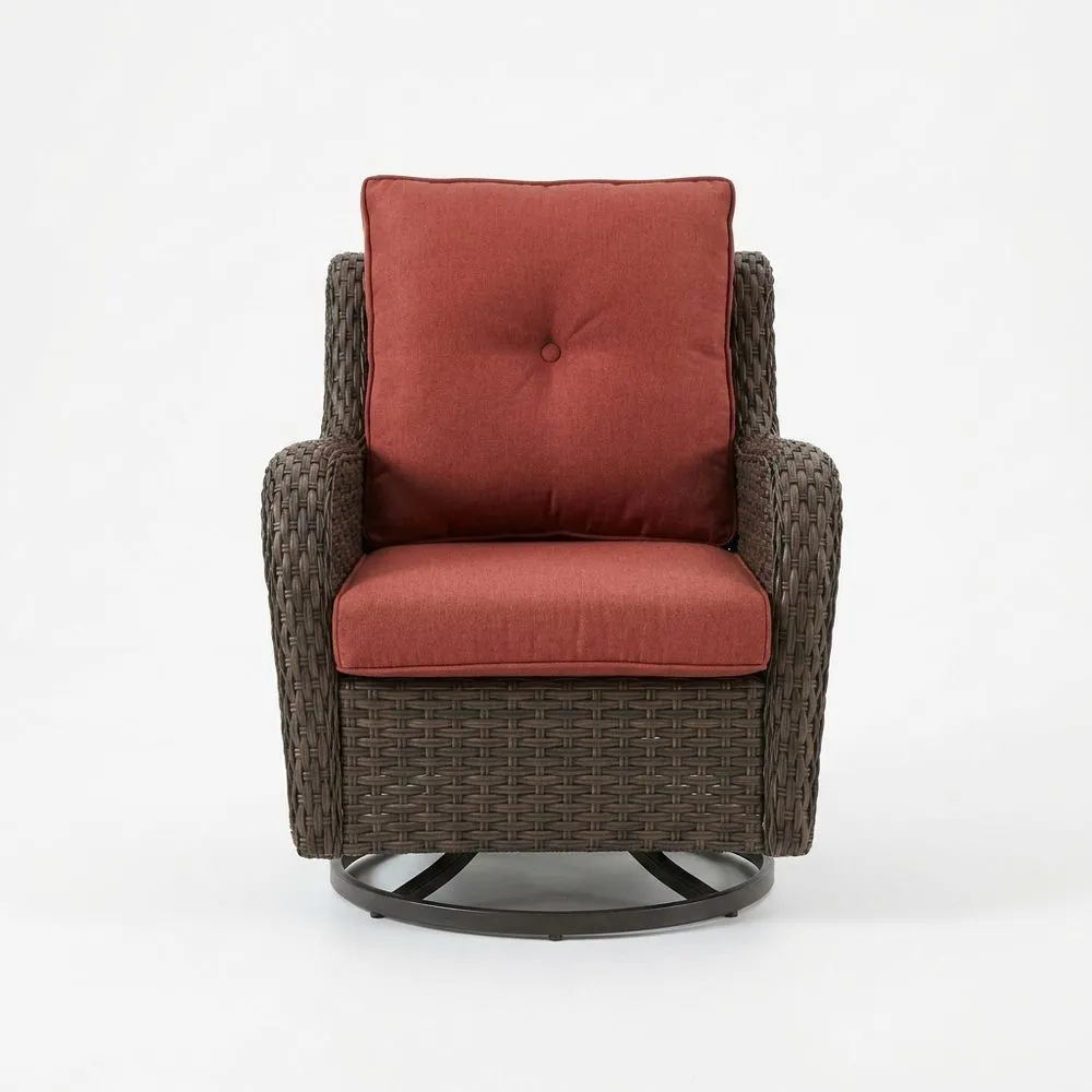 Sedia Girevole da Esterno in Rattan con Cuscini Rosso