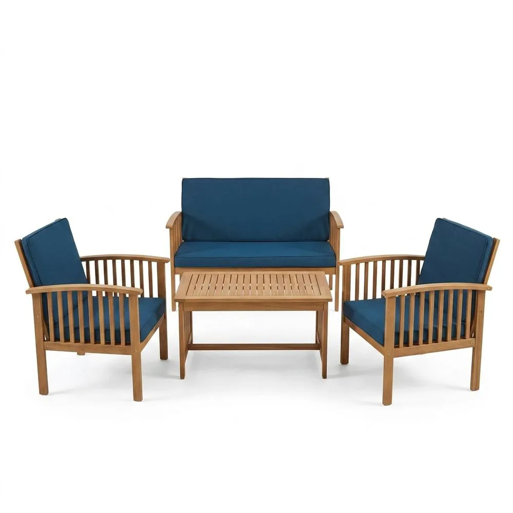 Set da giardino in legno di acacia con cuscini blu