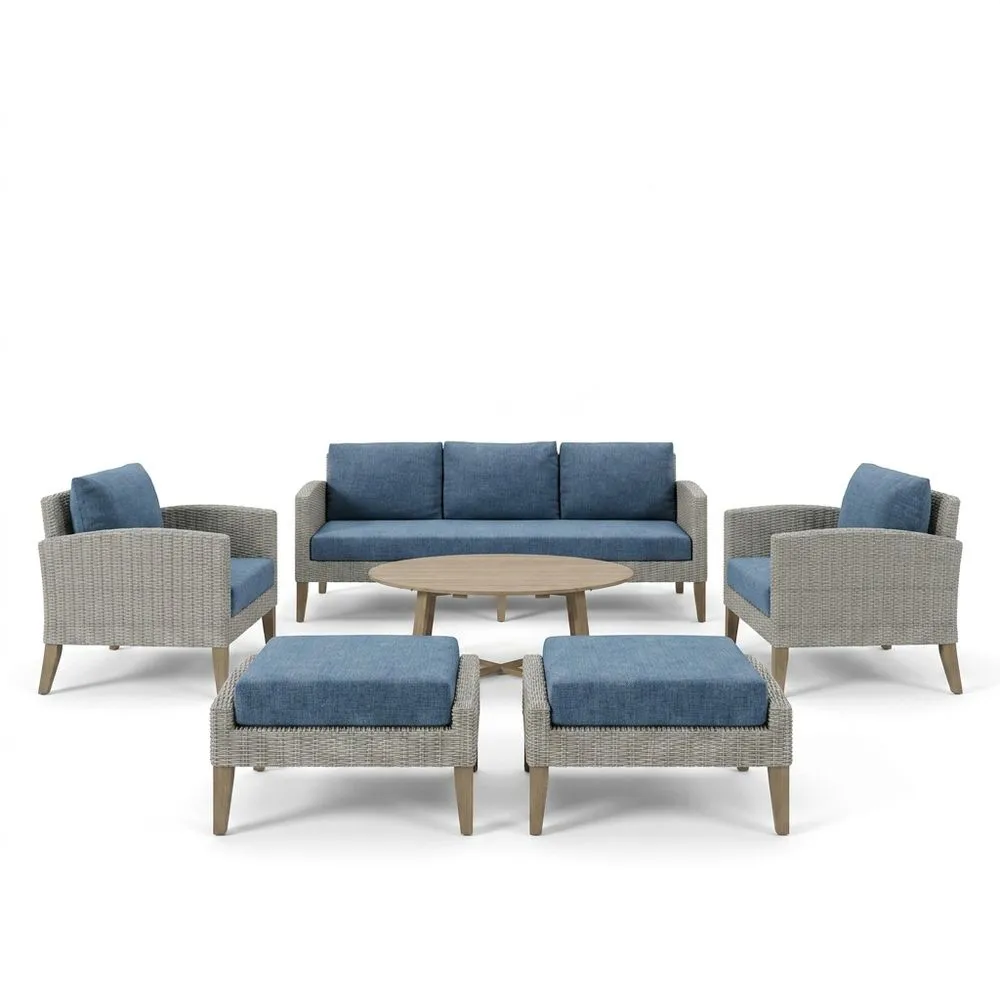 Set Divano in Rattan Sintetico Grigio con Cuscini Blu