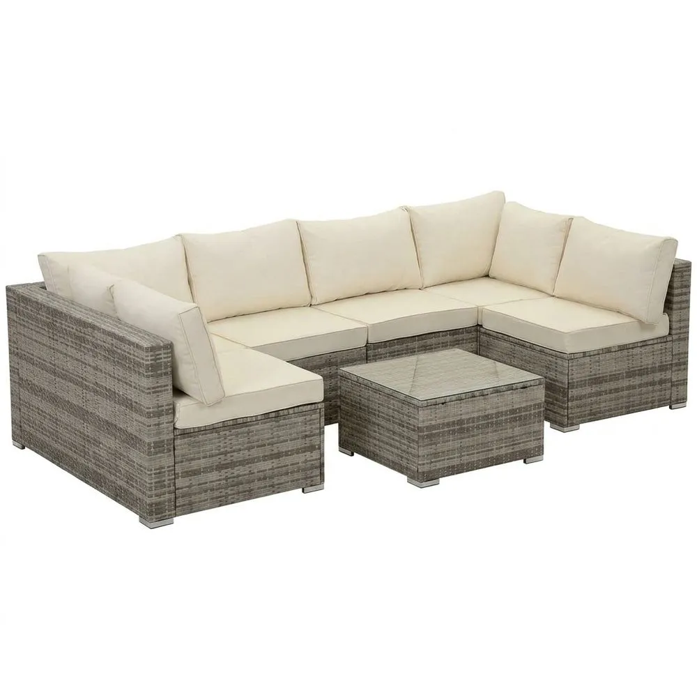 Set Divano Angolare da Giardino in Polyrattan Grigio con Cuscini Crema e Tavolino in Vetro 5mm