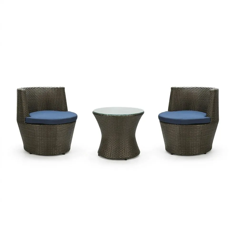 Set da Giardino in Rattan Sintetico Marrone con Cuscini Blu e Tavolo in Vetro Temperato