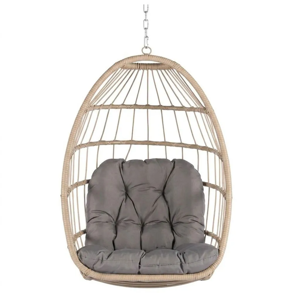 Sedia Sospesa in Rattan Sintetico con Cuscino Grigio