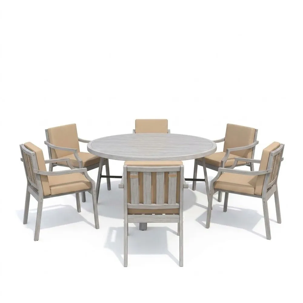 Il set da pranzo rotondo in teak comprende un tavolo e sedie, 6 sedie e cuscini