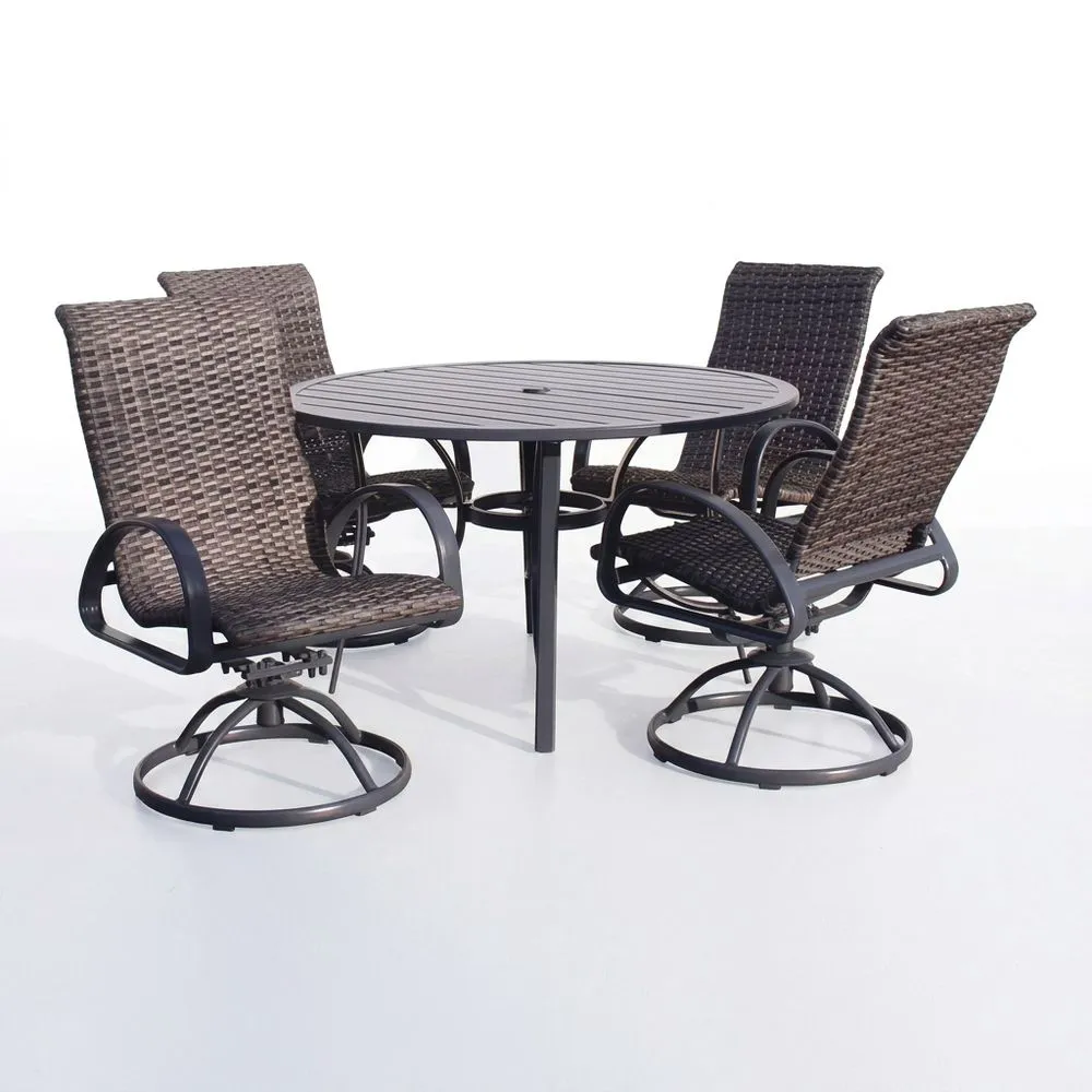 Set tavolo rotondo in alluminio con 4 sedie girevoli in rattan sintetico marrone