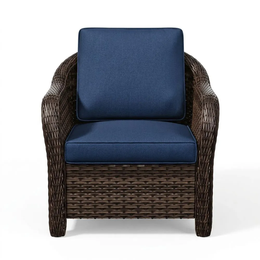 Poltrona in Rattan Sintetico Marrone con Cuscini in Tessuto Blu