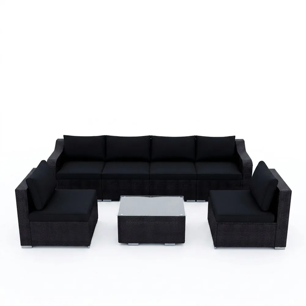 Set Divano in Rattan Nero con Tavolo in Vetro Temperato