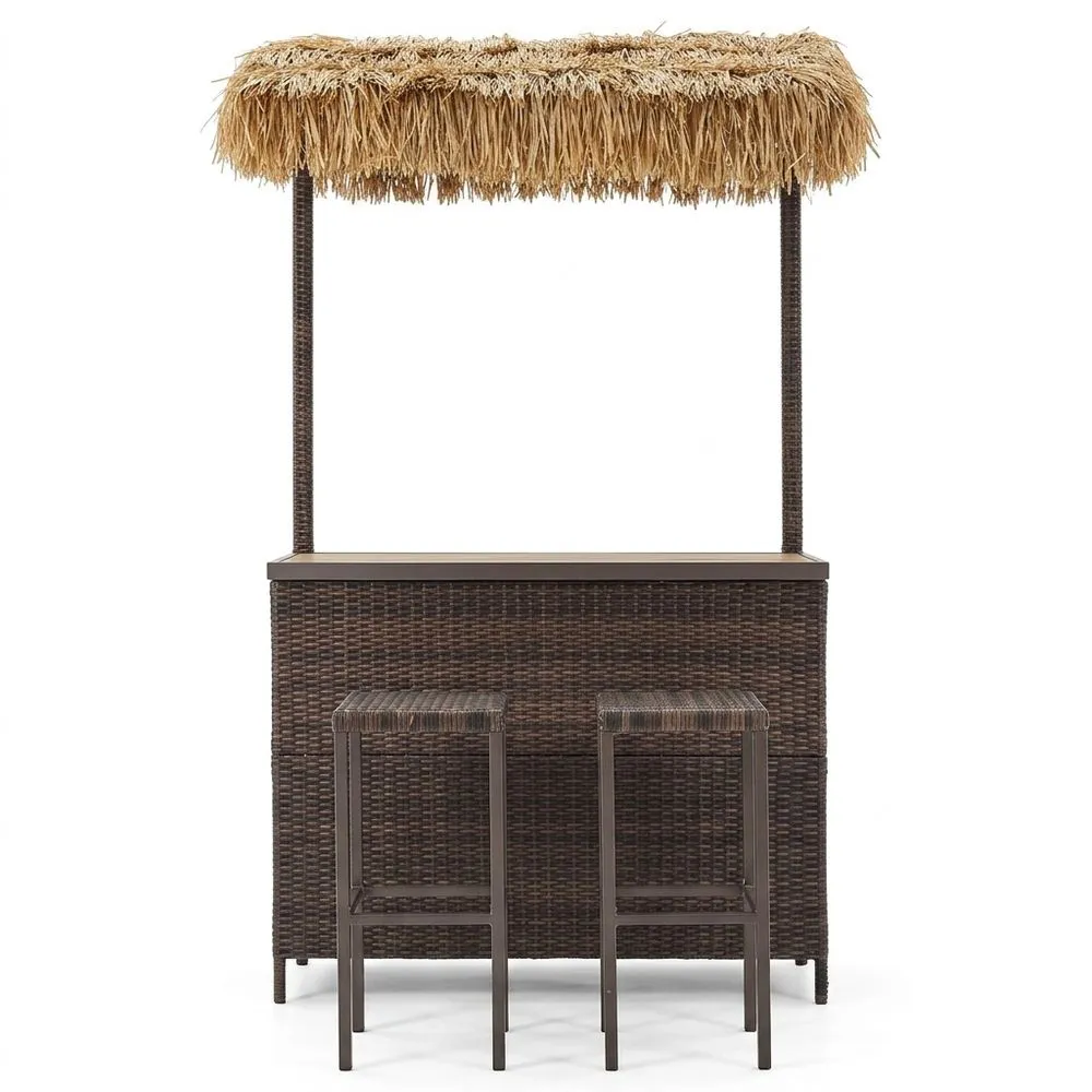 Set bar da esterno in rattan sintetico marrone con tetto in paglia