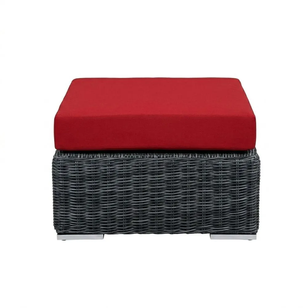 Poggiapiedi in Rattan Sintetico con Cuscino in Poliestere Rosso 50x50x35 cm