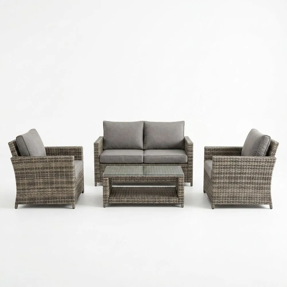 Set Salotto Esterno in Rattan Sintetico con Cuscini in Poliestere e Tavolino in Vetro Temperato