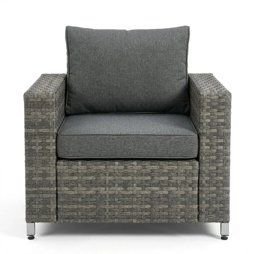 Poltrona in Rattan Sintetico e Cuscini in Poliestere Grigio
