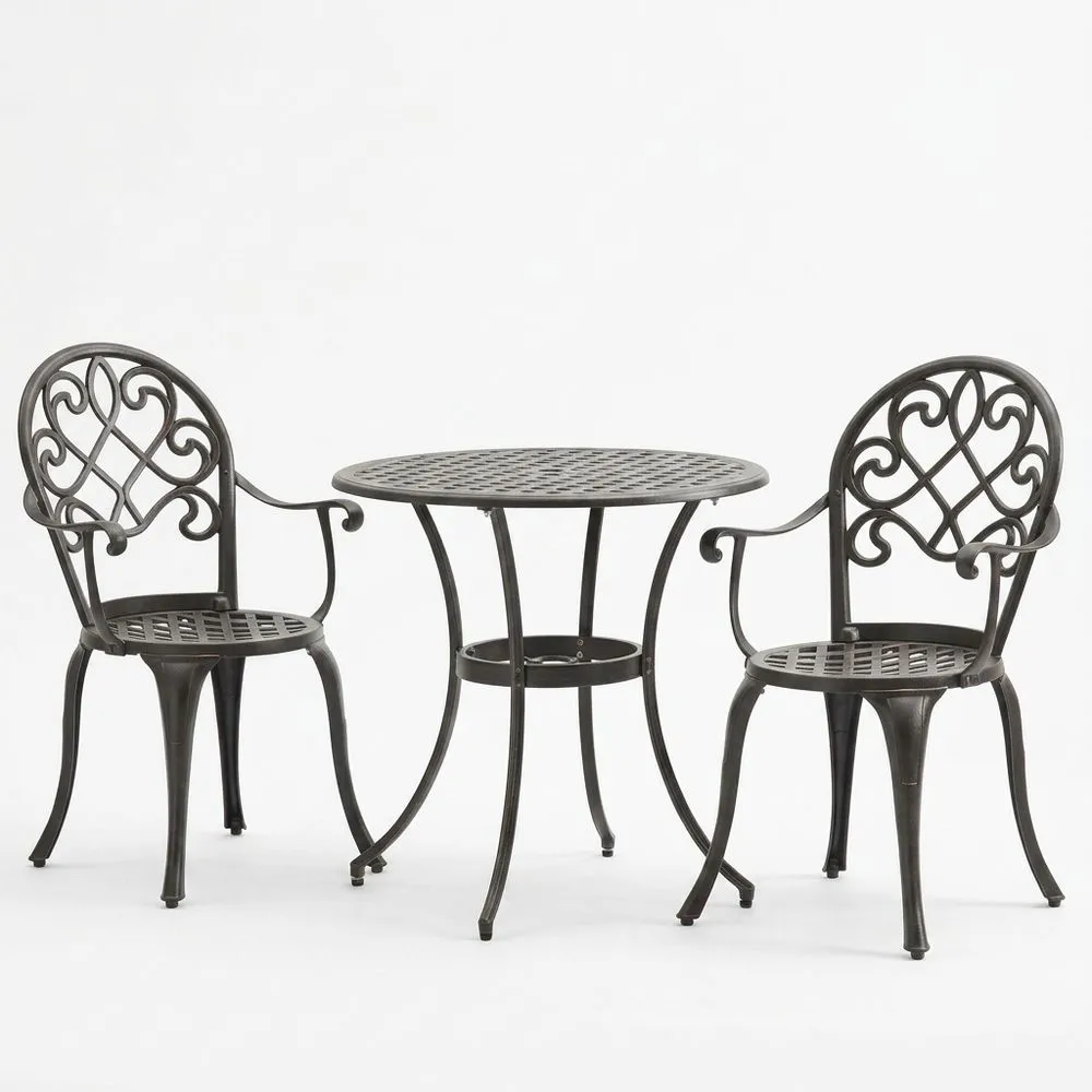 Set da giardino in acciaio verniciato a polvere nero, composto da tavolo rotondo e due sedie