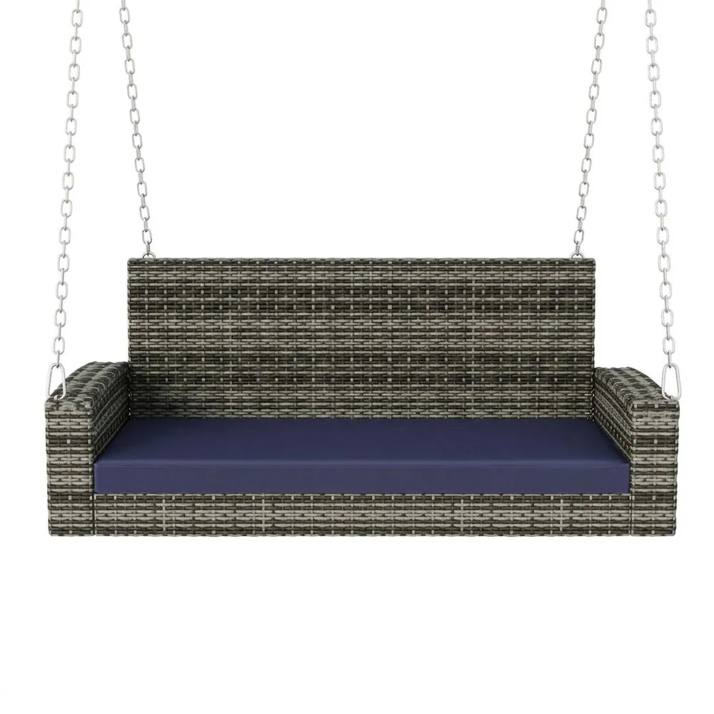 Sedia a Dondolo da Esterno in Rattan con Cuscino Blu 120x60x45 cm