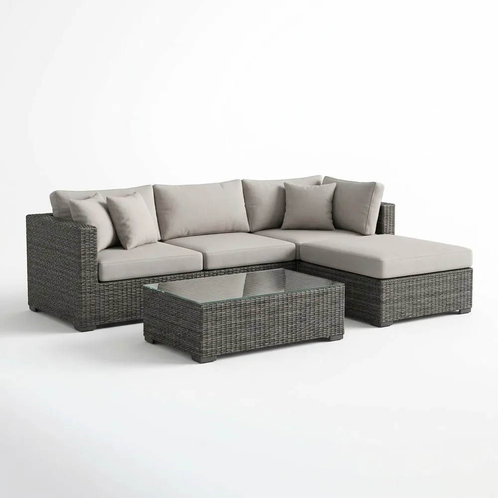 Set Divano Angolare da Giardino in Rattan con Tavolino in Vetro