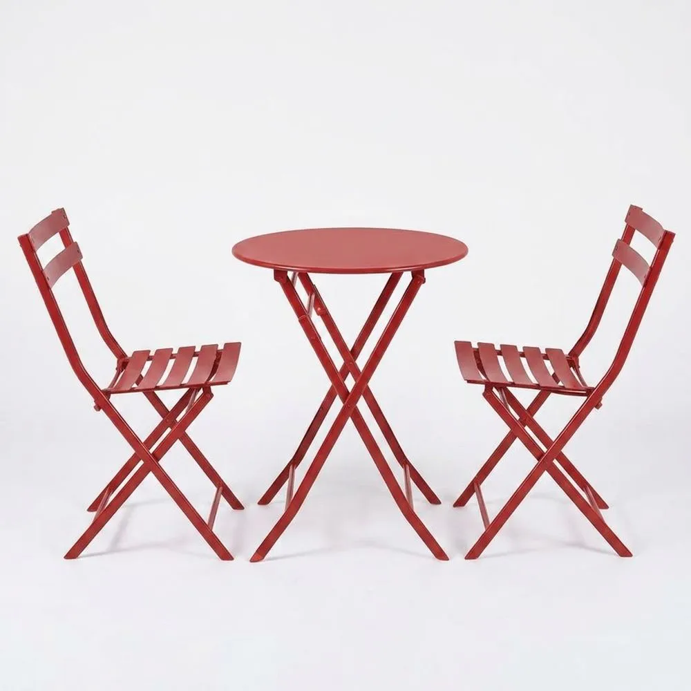 Tavolo rotondo pieghevole in acciaio verniciato di rosso con 2 sedie