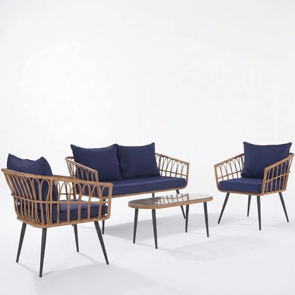 Set mobili da giardino con divano polyrattan blu e tavolino in vetro