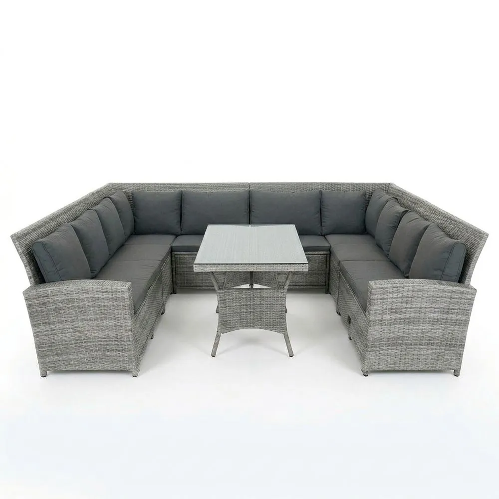 Set salotto angolare in rattan sintetico grigio con cuscini e tavolo in vetro