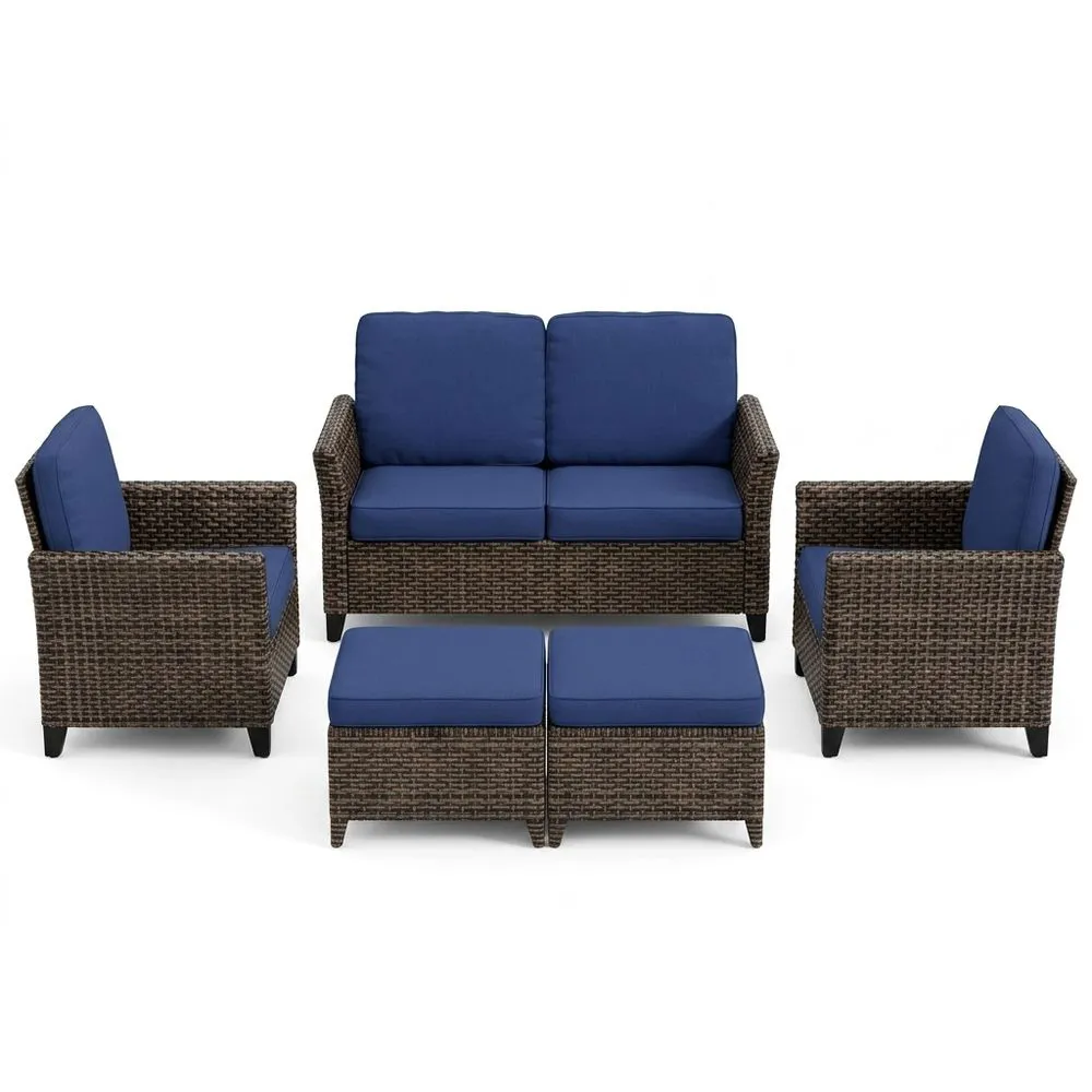 Set Salotto da Giardino in Rattan Sintetico Marrone con Cuscini Blu