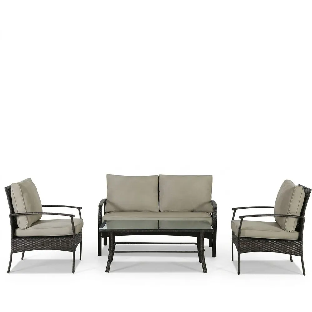 Set Salotto da Giardino in Rattan con Cuscini Grigi e Tavolino in Vetro