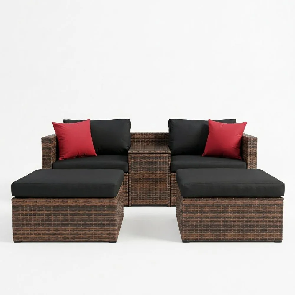 Set di Mobili da Giardino in Rattan Sintetico Marrone con Cuscini Neri e Rossi