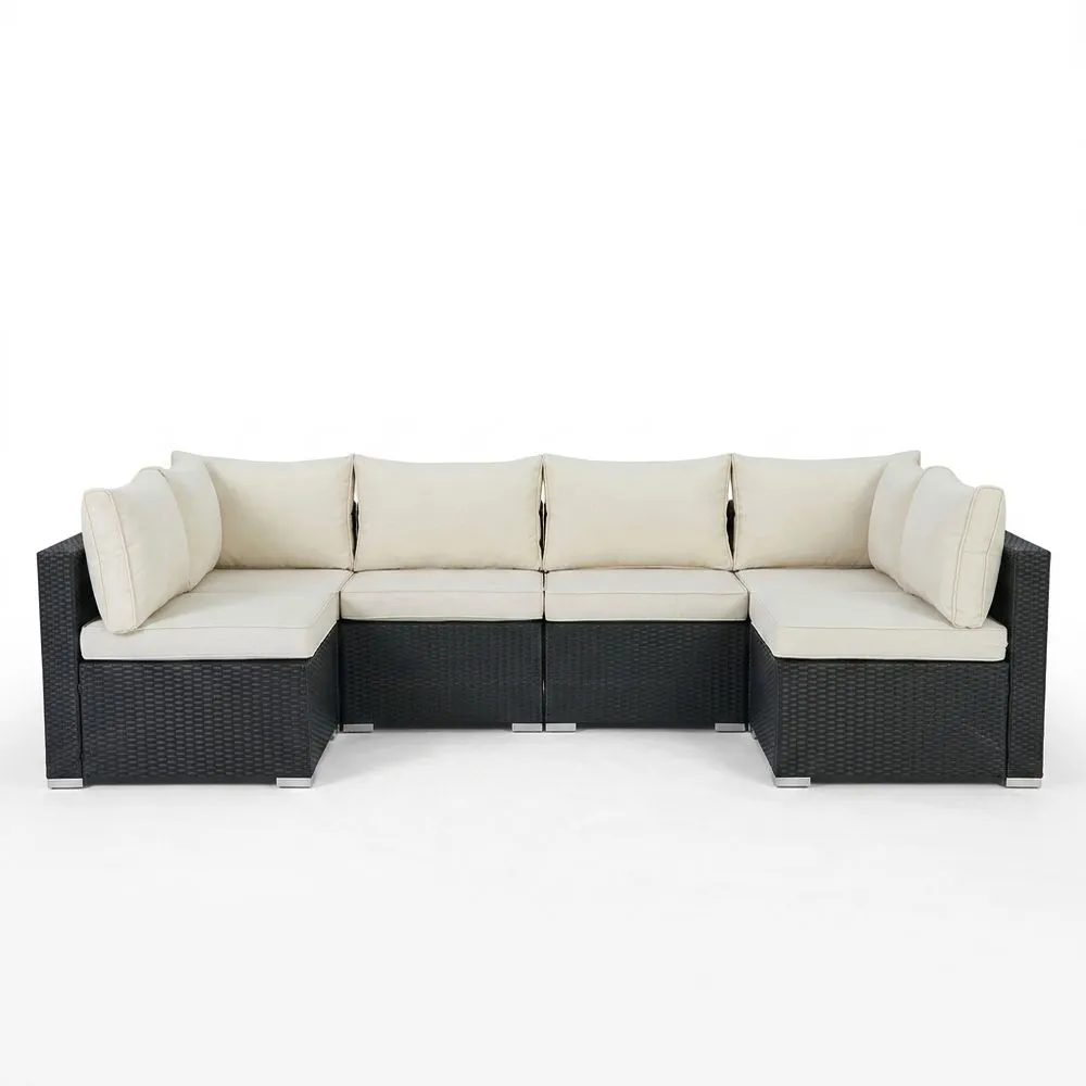 Set Divano Angolare da Giardino in Rattan Sintetico Nero con Cuscini Crema