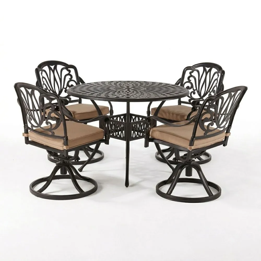 Set da Giardino in Alluminio Nero con Tavolo Rotondo e Sedie Girevoli Cuscini Marroni