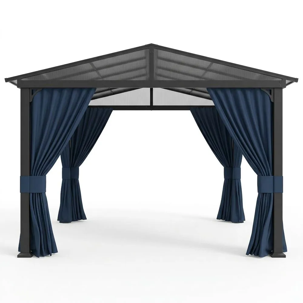 Gazebo da Giardino in Alluminio con Tetto in Policarbonato 6mm e Tende in Poliestere Blu
