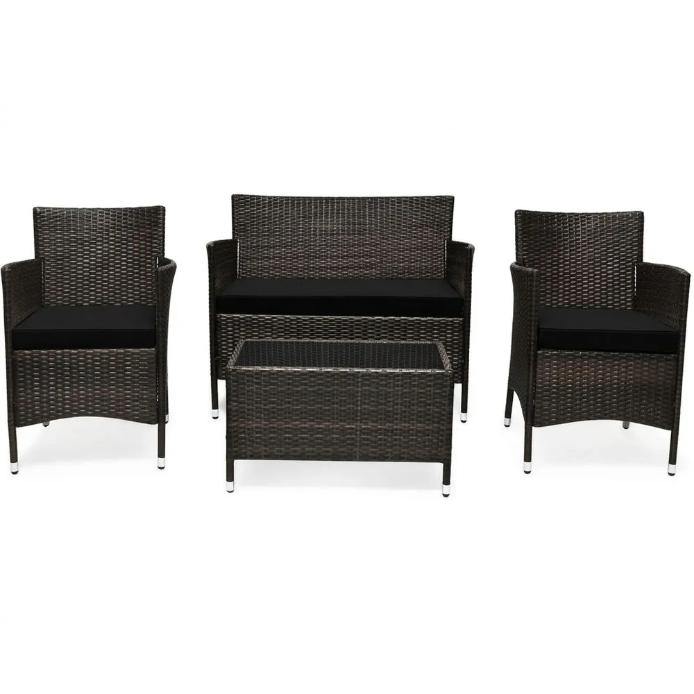 Set di Mobili da Giardino in Rattan Sintetico Marrone con Cuscini Neri