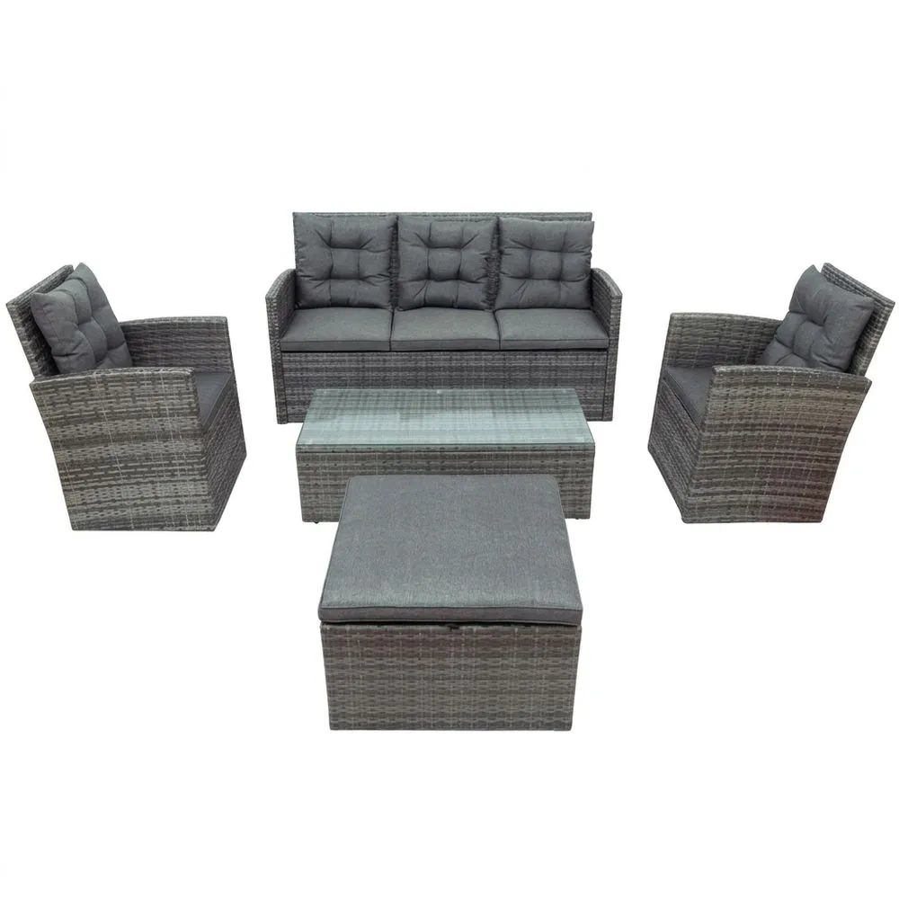 Set salotto da giardino in rattan con vetro temperato e cuscini in poliestere grigi