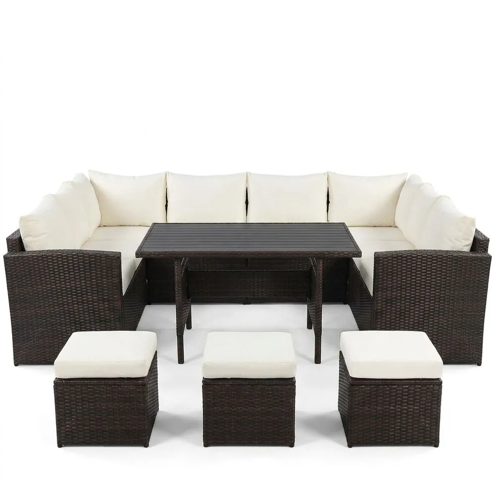 Set Divano Angolare in Rattan Sintetico Marrone con Cuscini in Poliestere Crema
