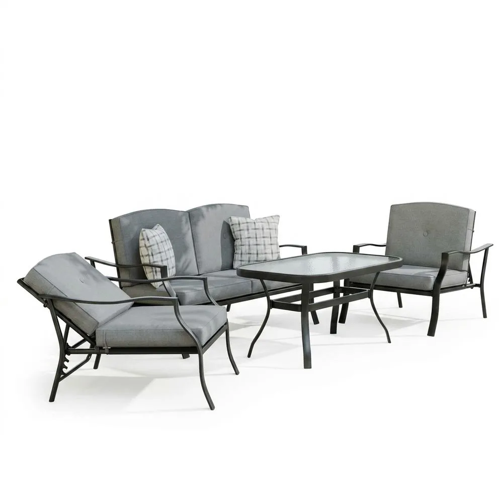Set da esterno con divano, tavolino e cuscini, realizzato in acciaio verniciato grigio e poliestere