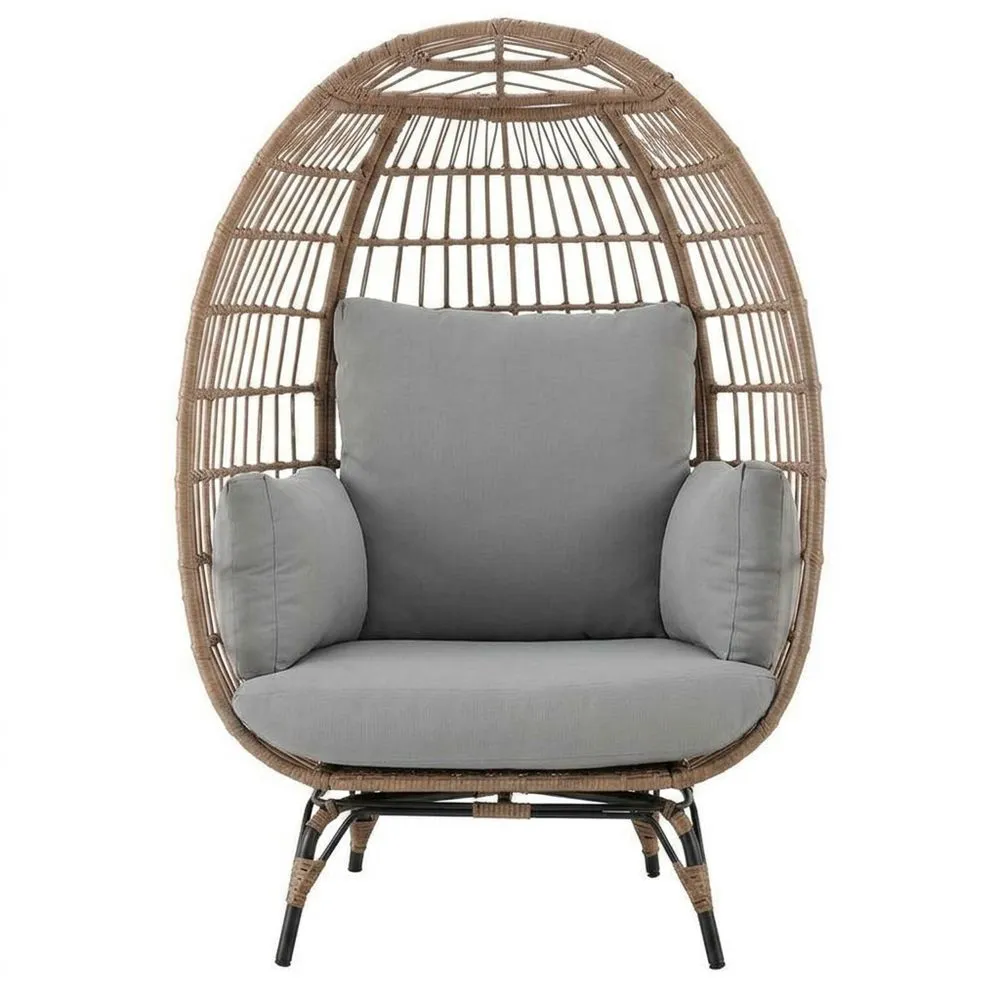 Sedia a Uovo in Rattan Sintetico e Acciaio con Cuscini Grigi
