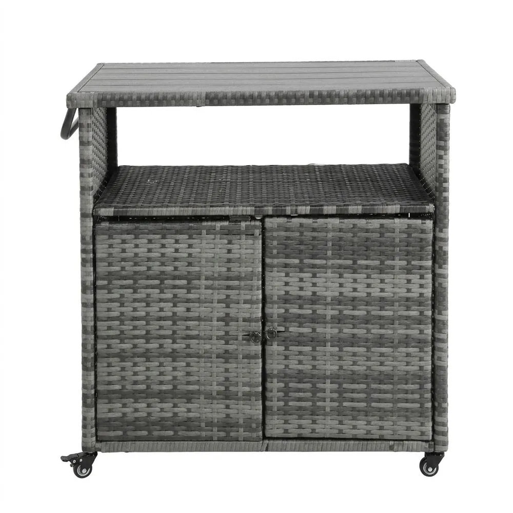 Carrello da Giardino in Rattan Sintetico Grigio con Ruote