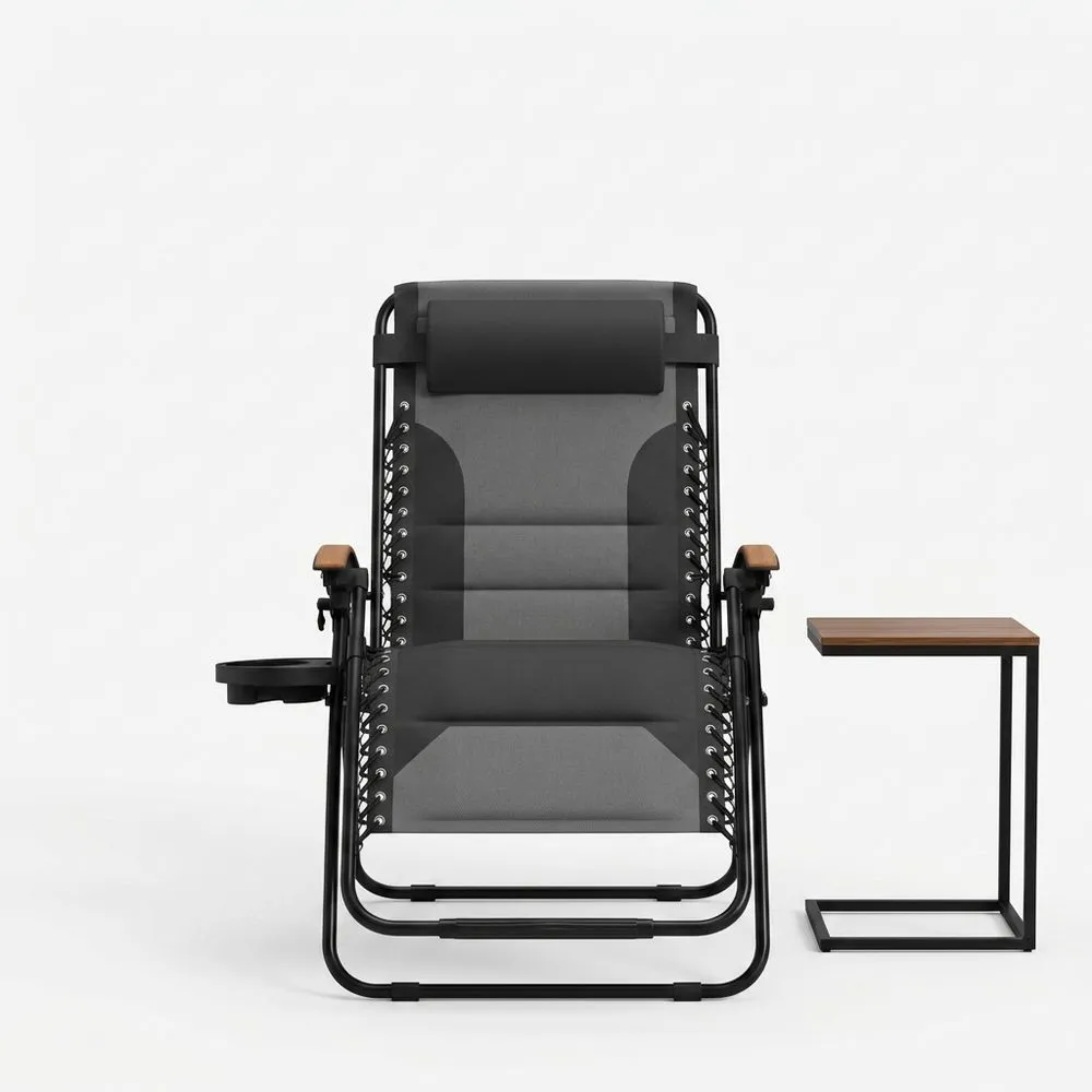 Set Sedia Reclinabile e Tavolino in Acciaio e Poliestere Grigio