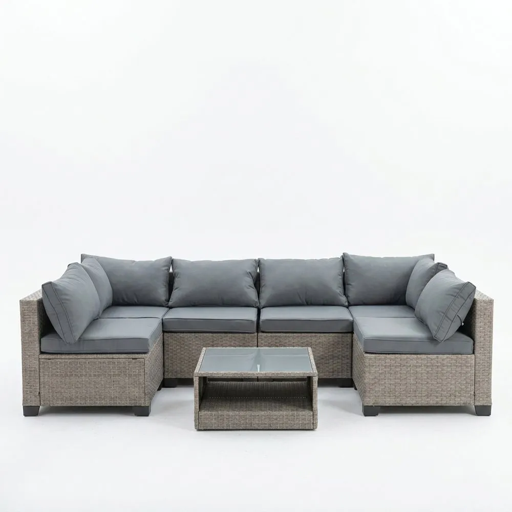 Set Divano Modulare in Rattan Grigio con Tavolino in Vetro