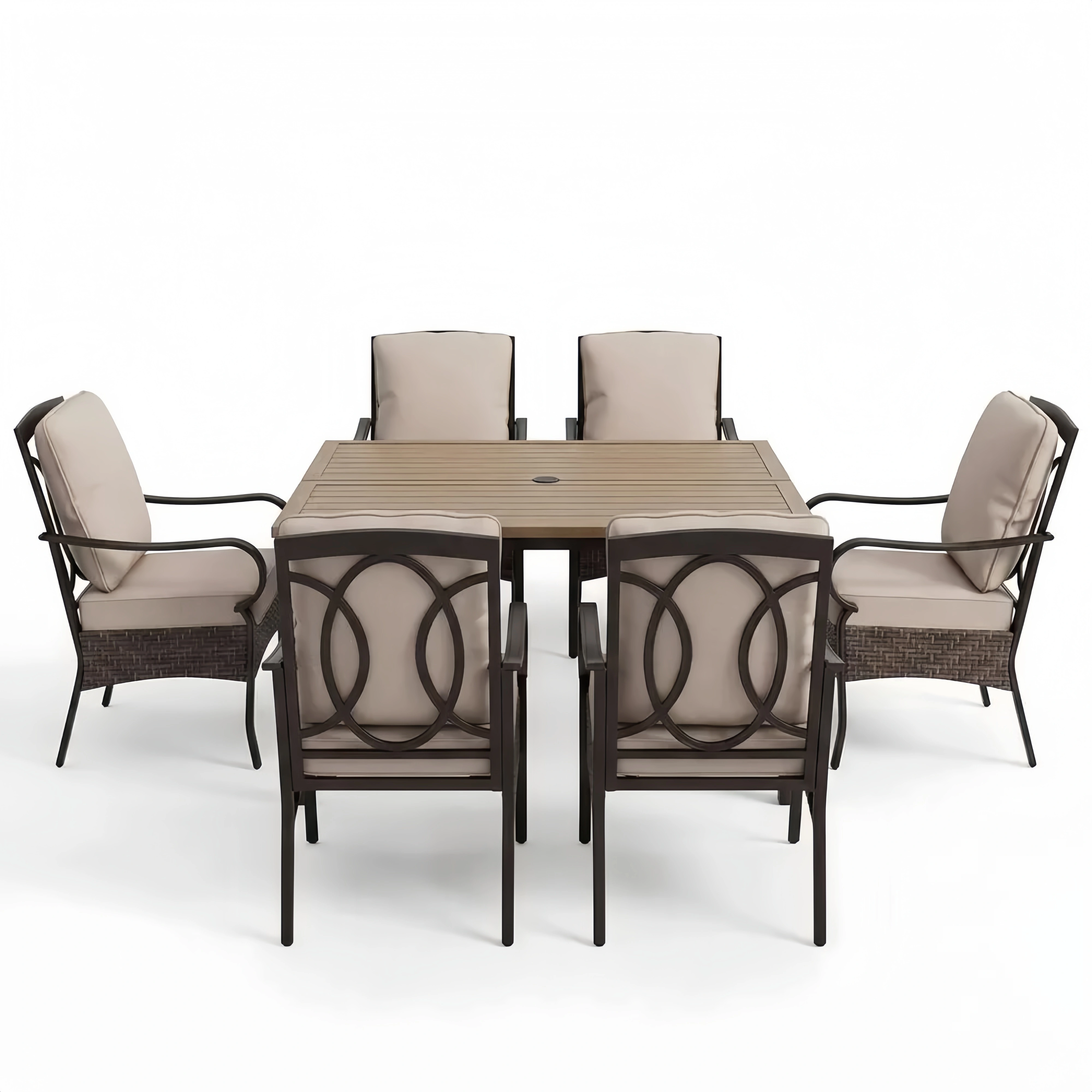 Set da Pranzo per Esterni in Alluminio e Rattan con Cuscini Beige, Tavolo Rettangolare e 6 Sedie