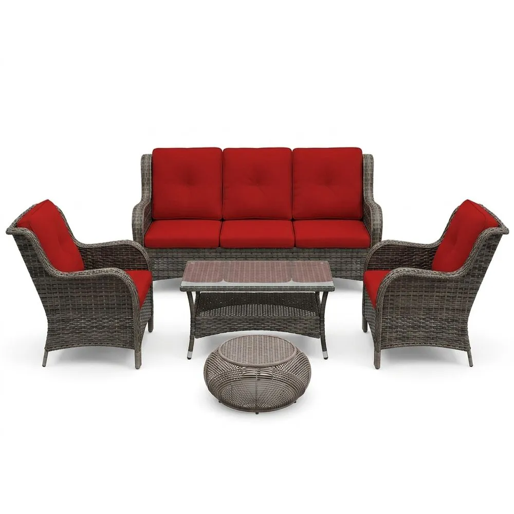 Set Divano e Poltrone in Rattan Sintetico Cuscini Rossi