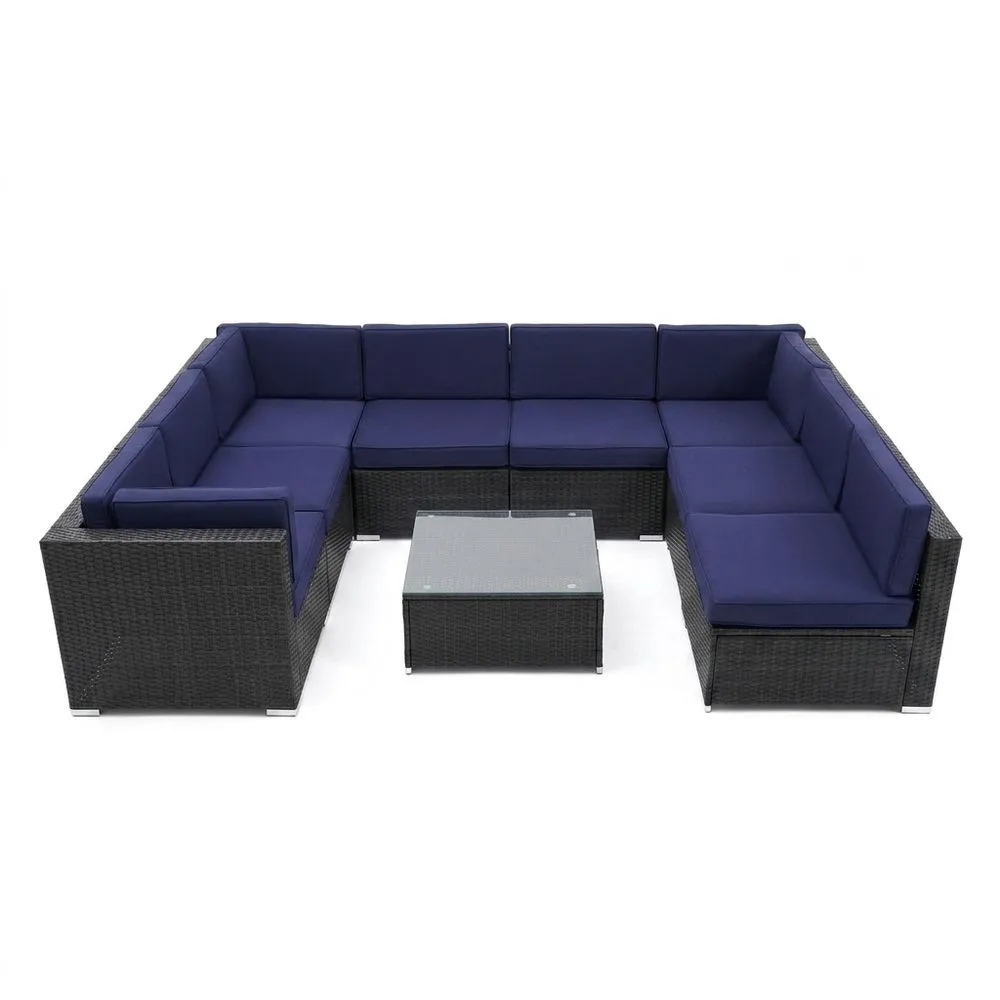 Set Divano Angolare Rattan Sintetico Grigio Cuscini Blu Tavolino Vetro