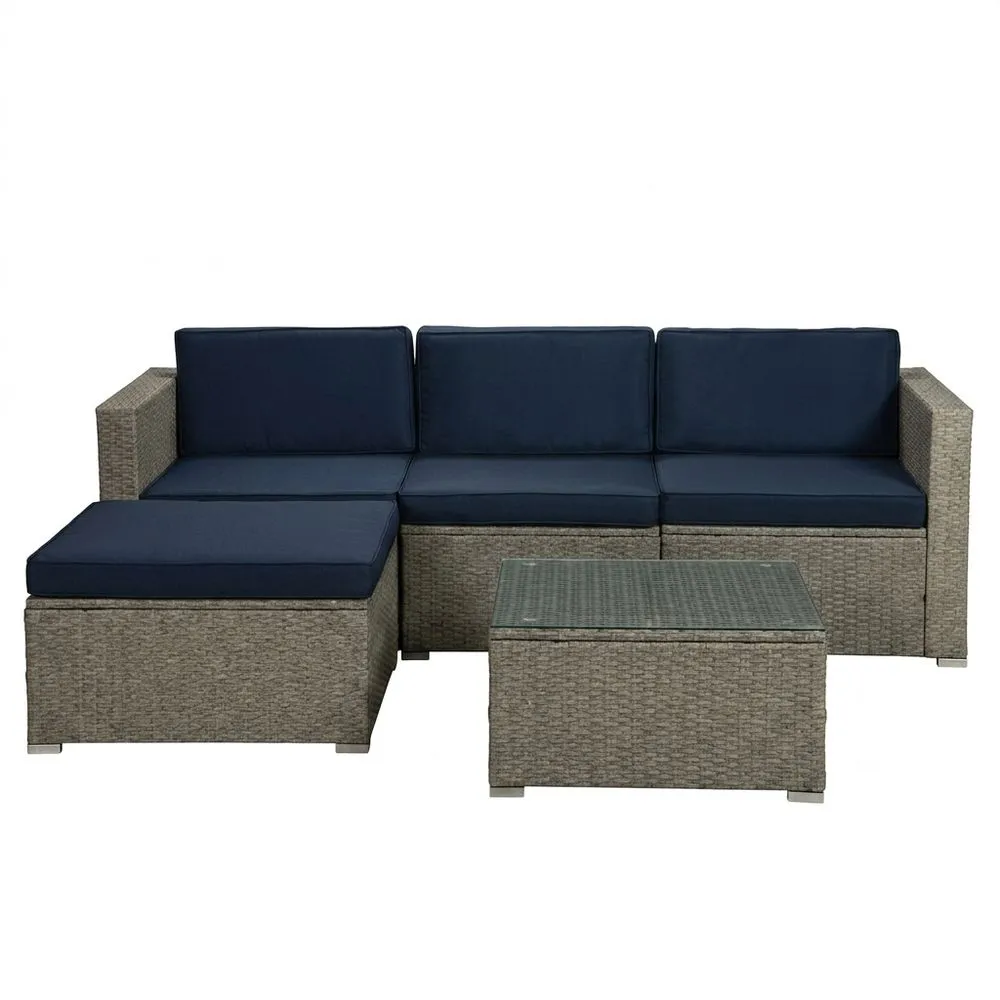Set Divano da Giardino in Rattan con Cuscini Blu