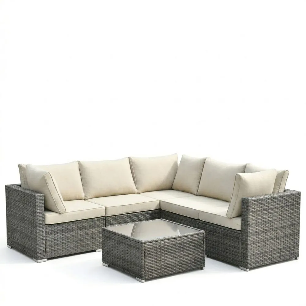 Divano da Giardino ad Angolo in Rattan Sintetico Grigio con Cuscini Beige e Tavolino in Vetro
