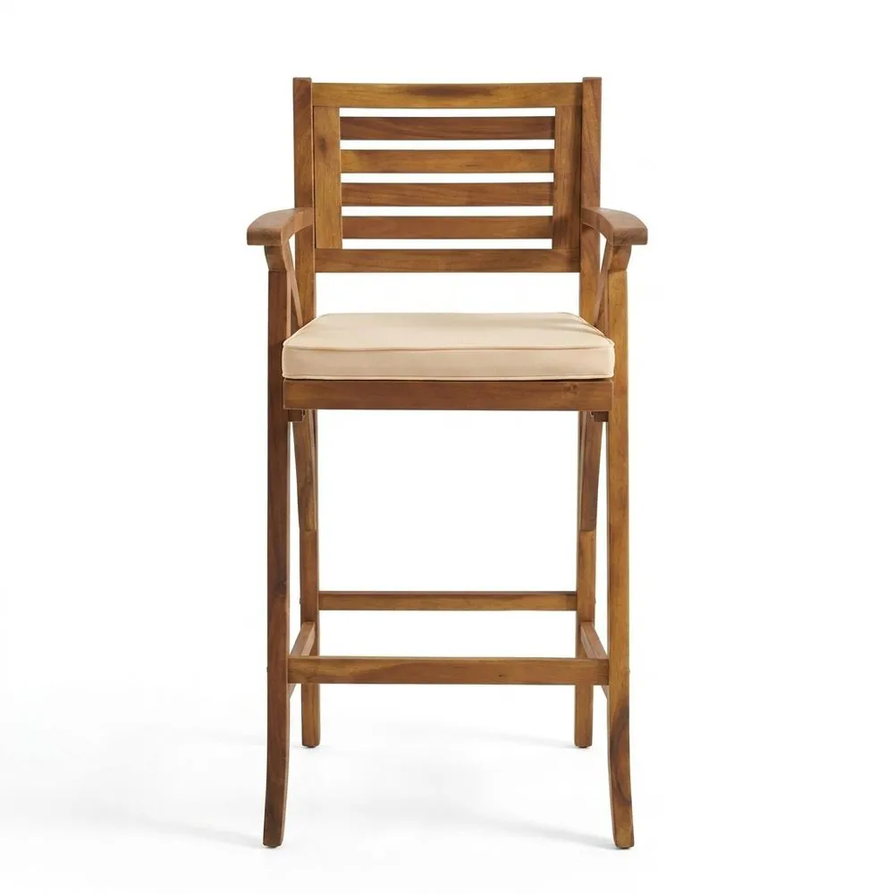 Sgabello da Bar in Legno Massello di Acacia con Seduta Imbottita Beige Altezza 100 cm