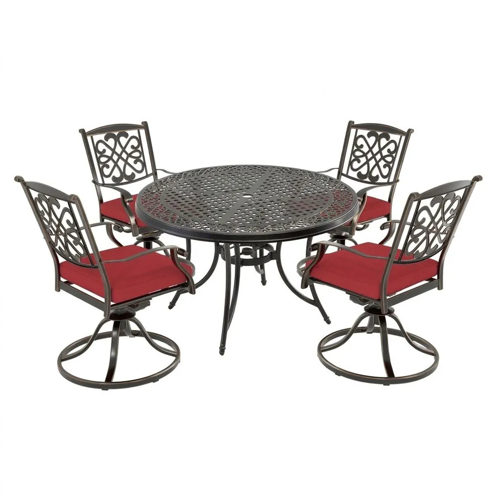 Set da Giardino in Alluminio Nero con 4 Sedie Cuscinate Rosse Tavolo Rotondo