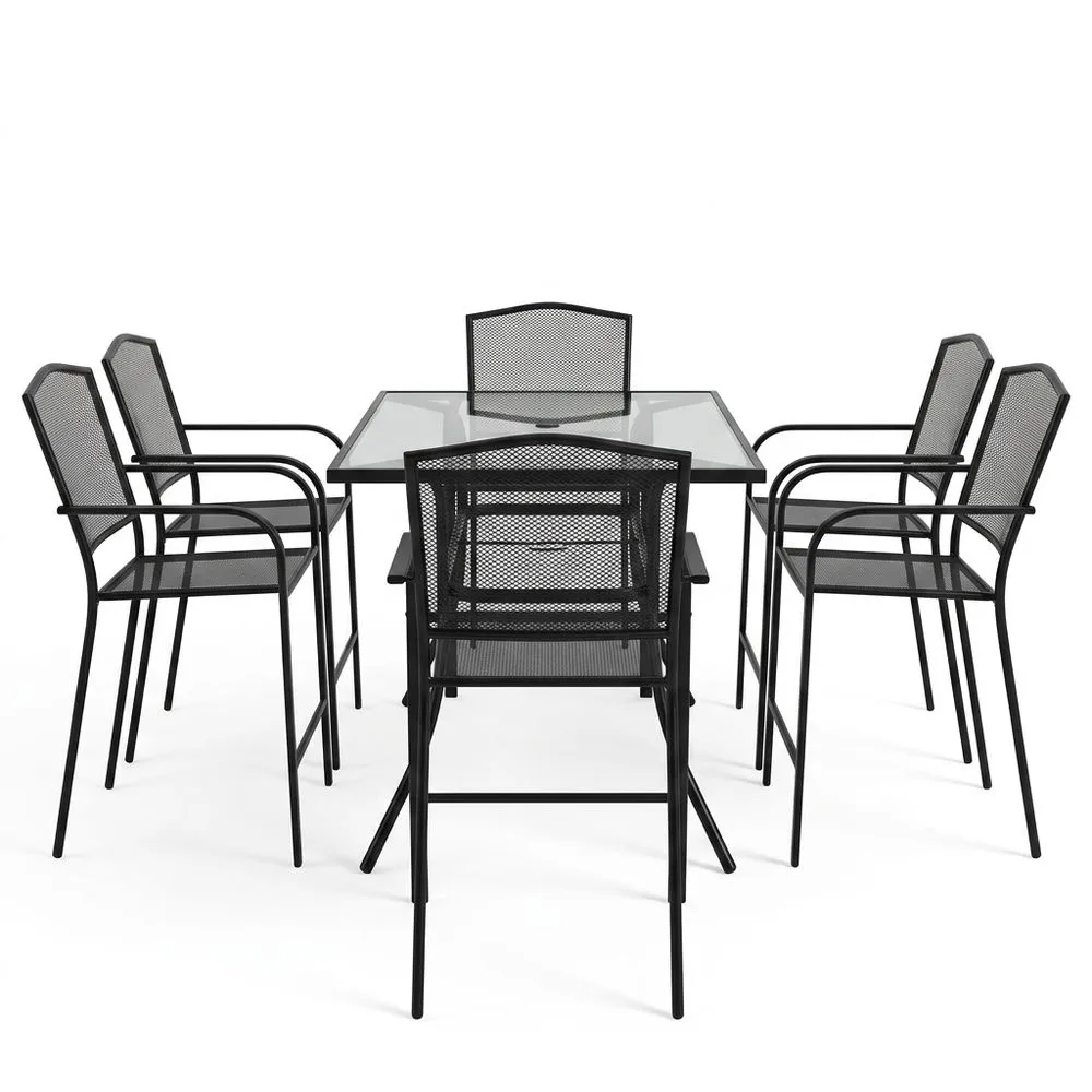 Il set da pranzo per esterni in acciaio verniciato nero comprende 6 sedie e un tavolo in vetro temperato.