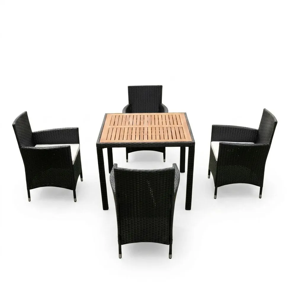 Set da Giardino in Rattan e Legno, Tavolo 90x90 cm con 4 Sedie