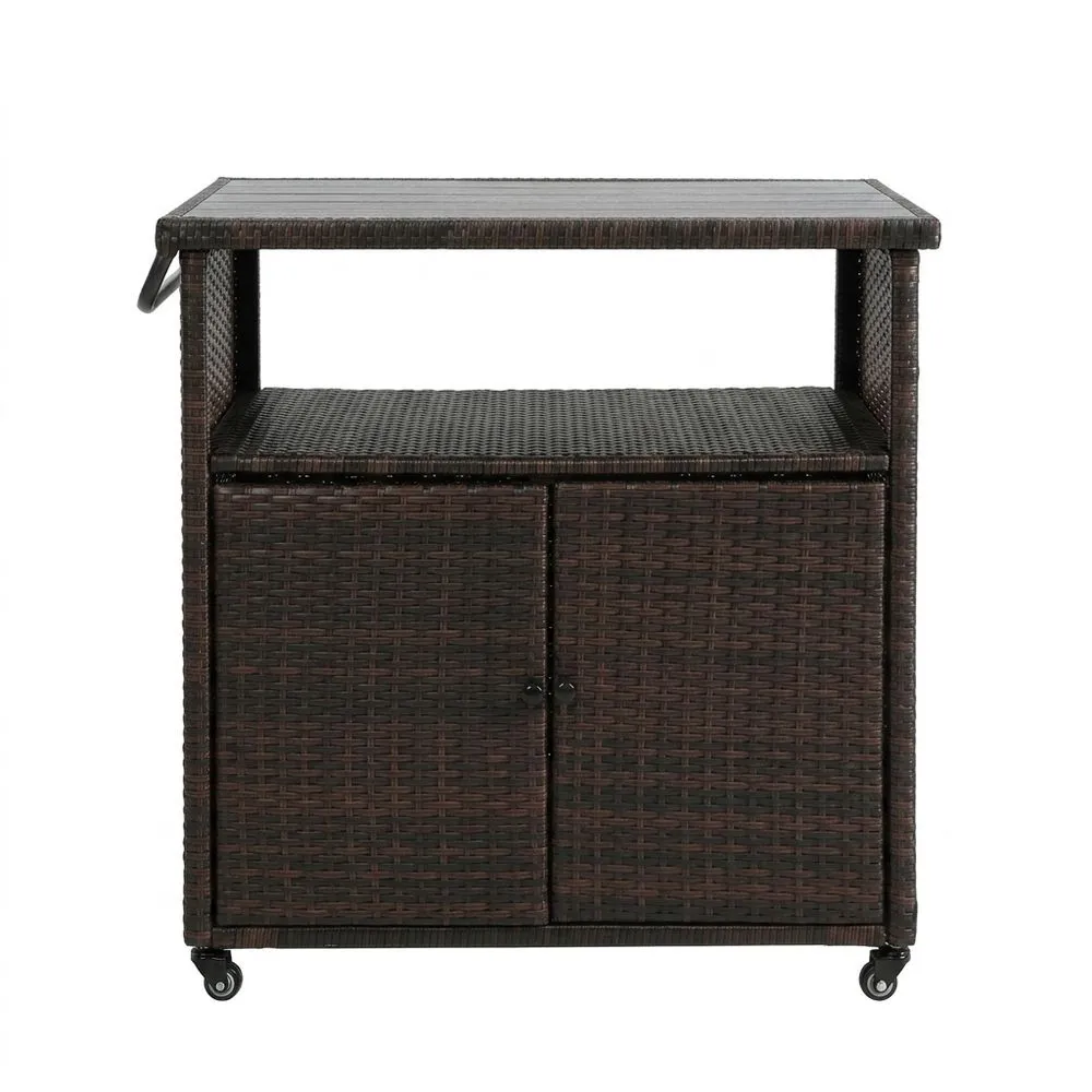 Carrello da Giardino in Acciaio e Rattan PE con Ruote, Marrone