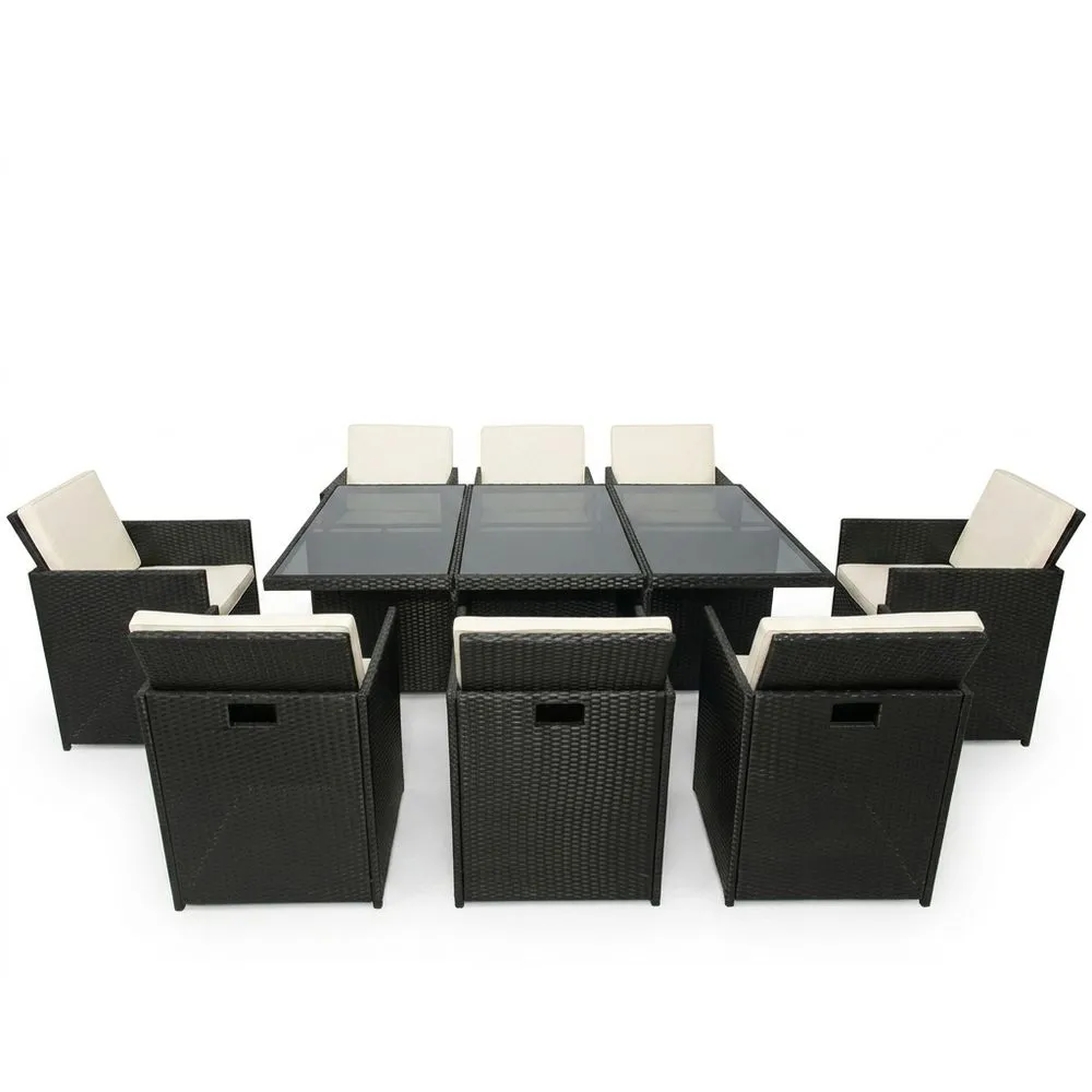 Set mobili da giardino 9 pezzi in rattan con tavolo vetro temperato