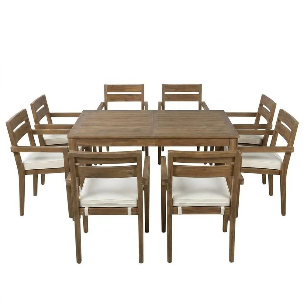 Set da tavolo rettangolare in legno di acacia con 8 sedie imbottite
