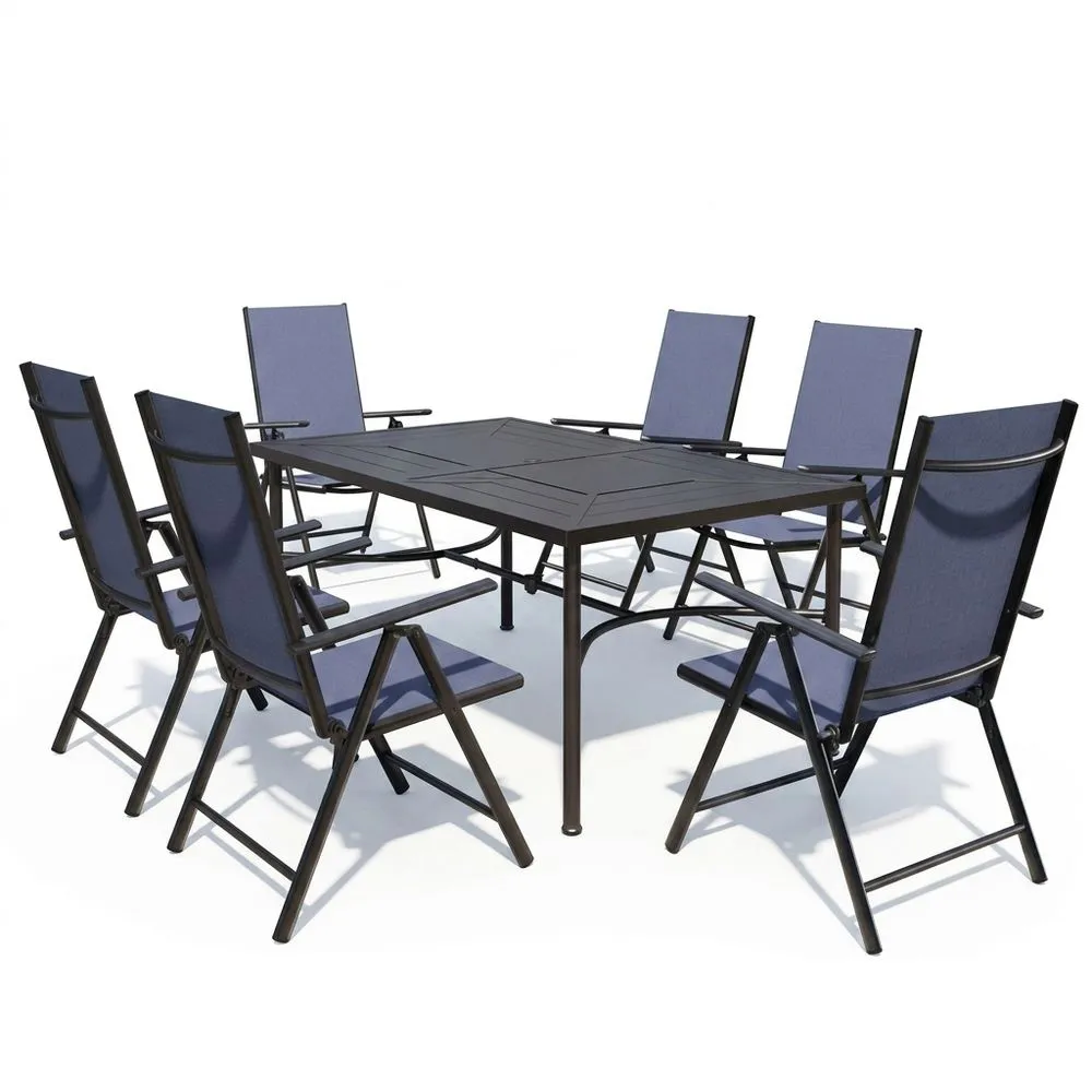 Set da giardino composto da tavolo e sedie in alluminio verniciato e 6 sedie pieghevoli in poliestere blu.