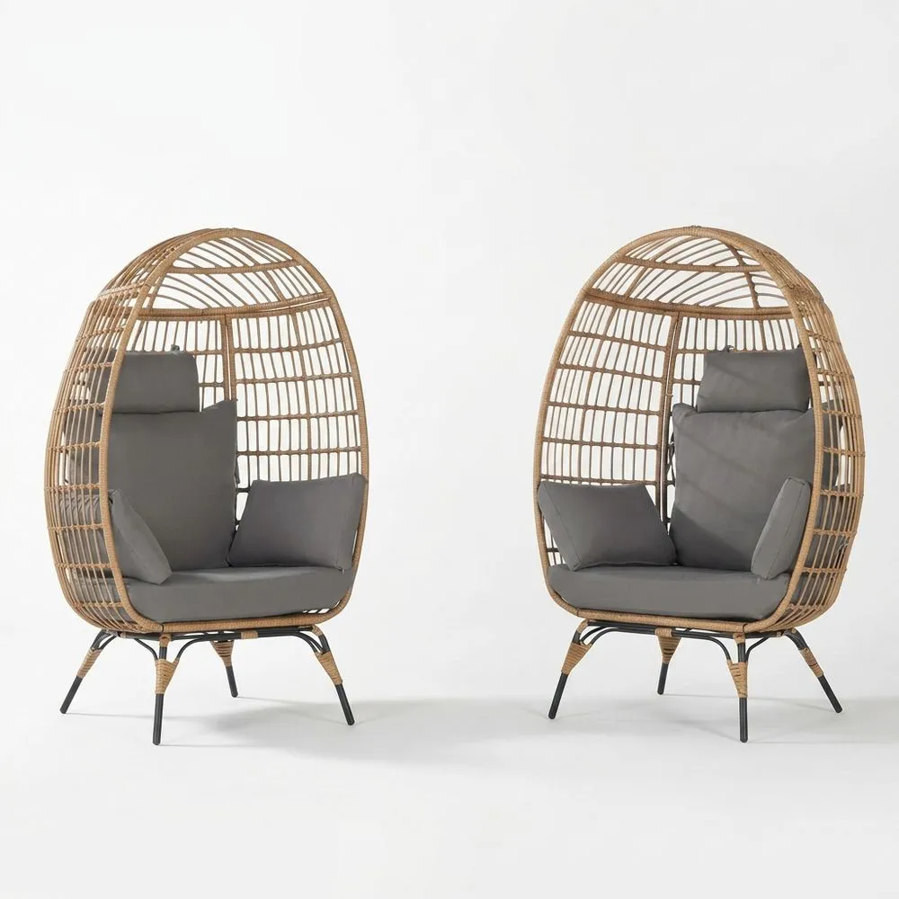 Set di 2 Poltrone da Esterno in Rattan Sintetico con Cuscini Grigi